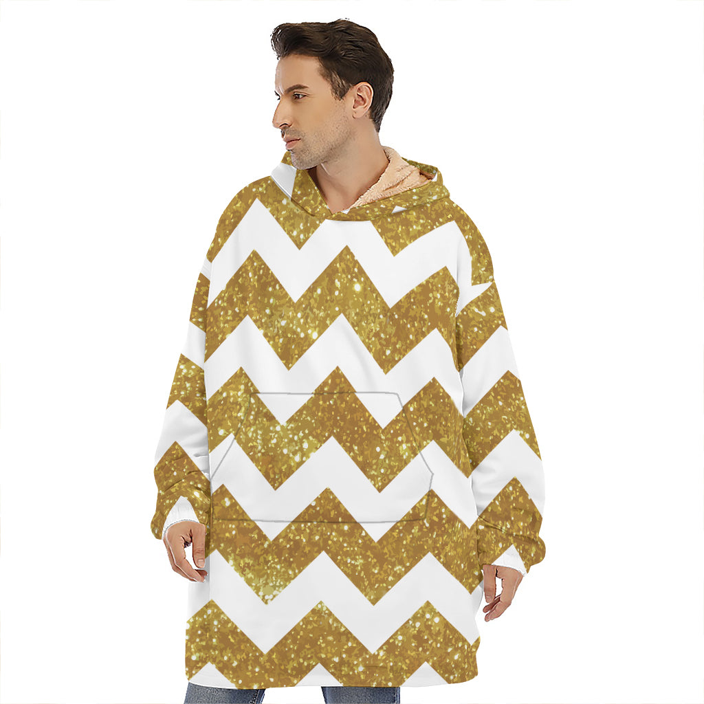 Gold And White Chevron Pattern Print Hoodie Blanket