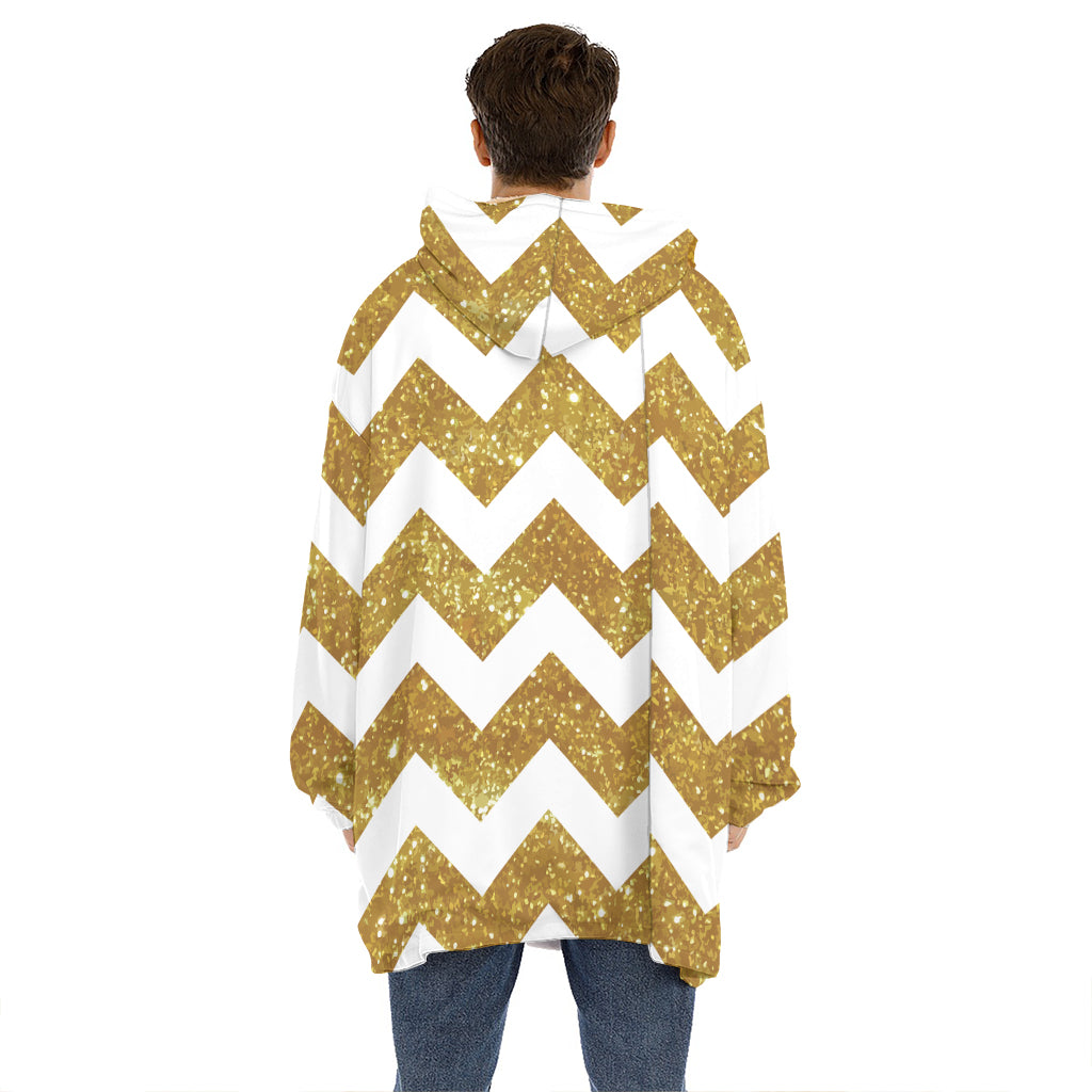 Gold And White Chevron Pattern Print Hoodie Blanket
