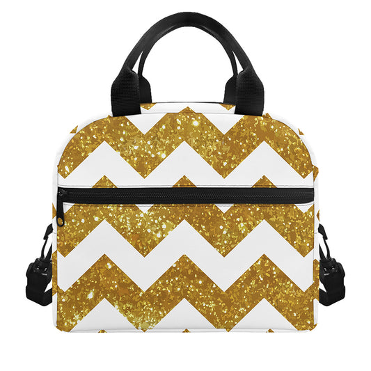 Gold And White Chevron Pattern Print Insulated Lunch Bag