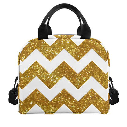 Gold And White Chevron Pattern Print Insulated Lunch Bag