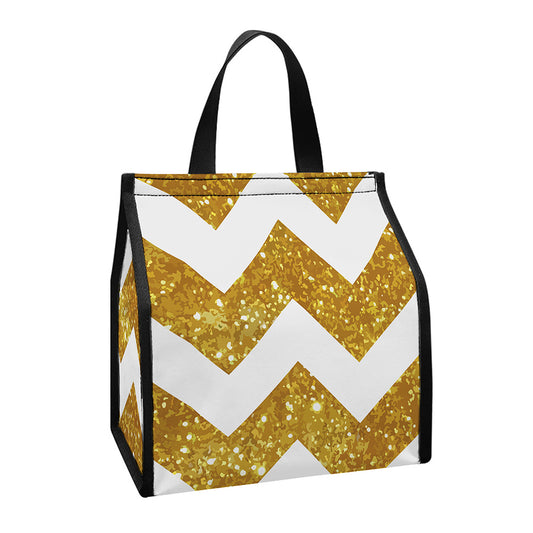 Gold And White Chevron Pattern Print Insulated Lunch Tote