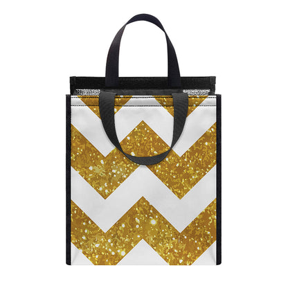 Gold And White Chevron Pattern Print Insulated Lunch Tote