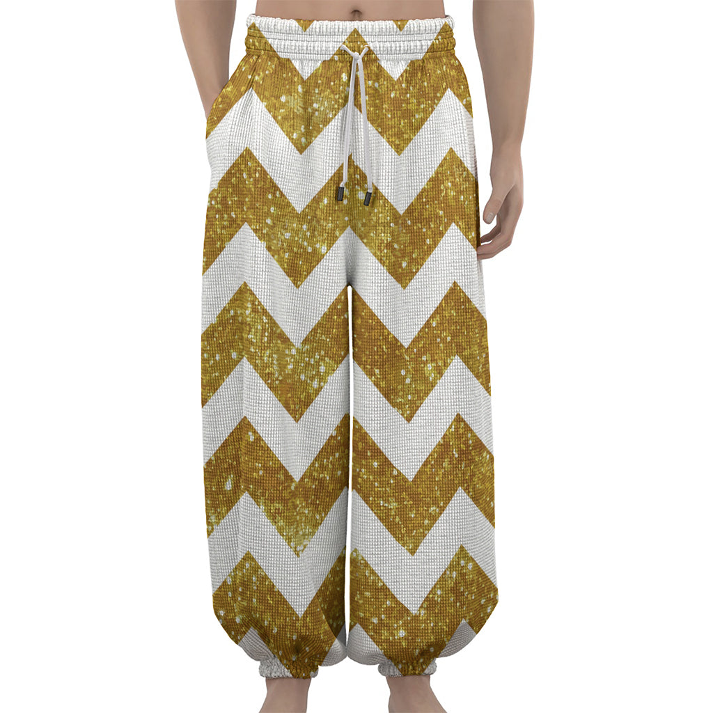 Gold And White Chevron Pattern Print Lantern Pants