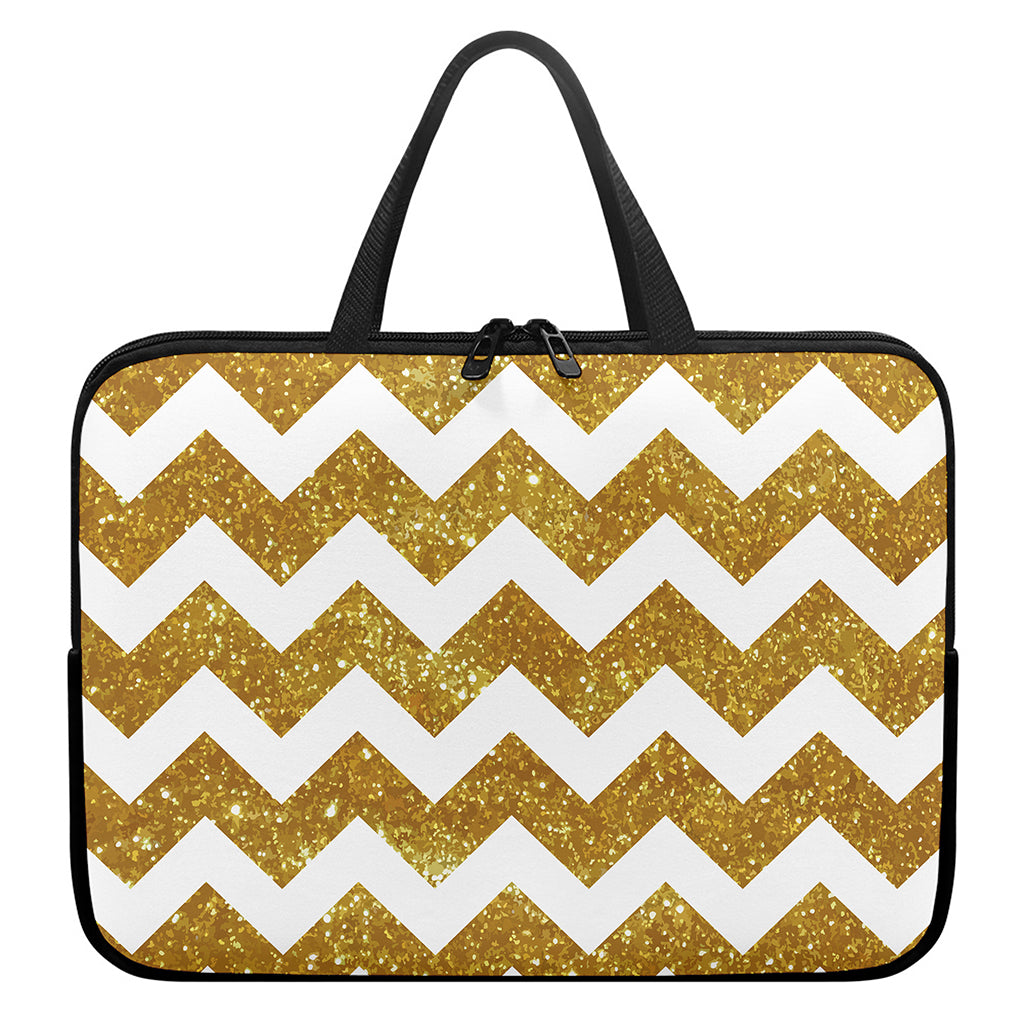 Gold And White Chevron Pattern Print Laptop Sleeve With Handle