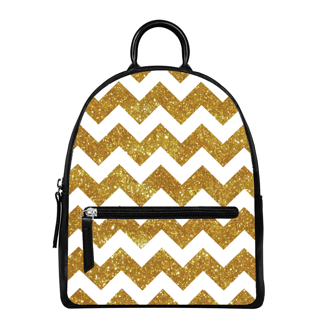 Gold And White Chevron Pattern Print Leather Backpack