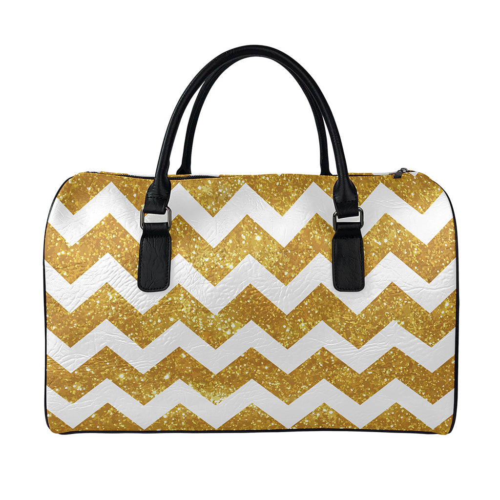 Gold And White Chevron Pattern Print Leather Duffle Bag