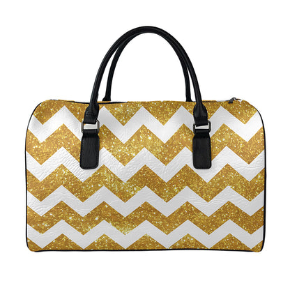 Gold And White Chevron Pattern Print Leather Duffle Bag