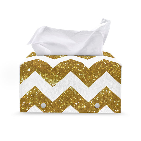 Gold And White Chevron Pattern Print Leather Tissue Box Cover