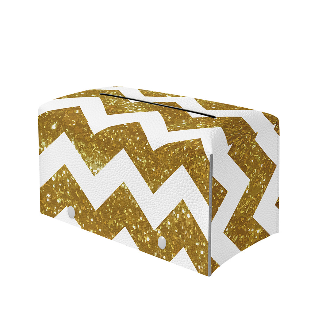 Gold And White Chevron Pattern Print Leather Tissue Box Cover