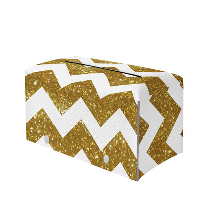 Gold And White Chevron Pattern Print Leather Tissue Box Cover