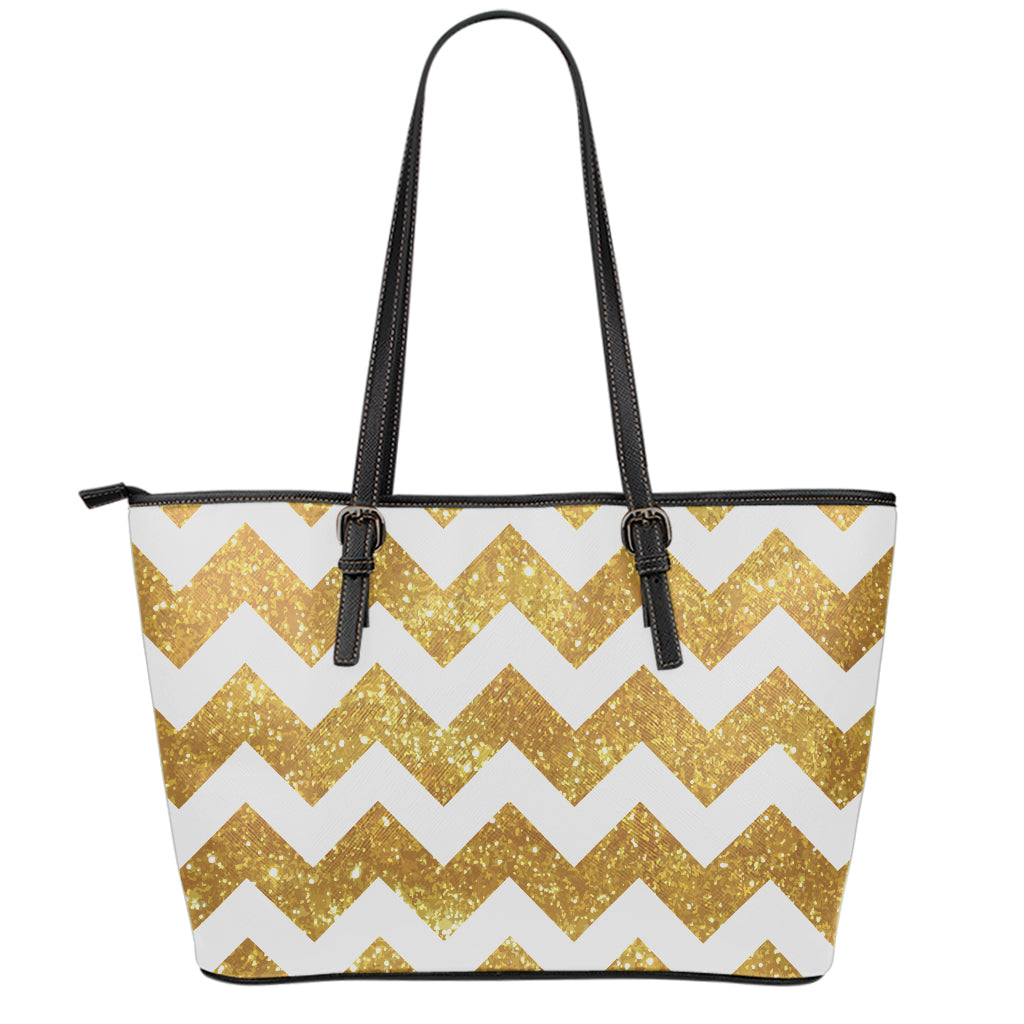 Gold And White Chevron Pattern Print Leather Tote Bag
