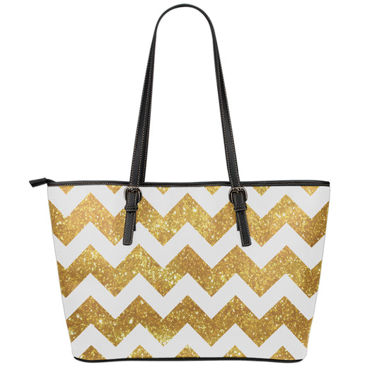 Gold And White Chevron Pattern Print Leather Tote Bag