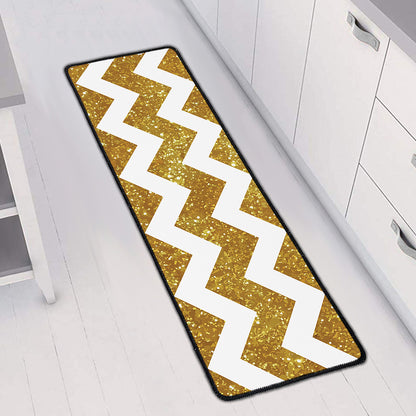 Gold And White Chevron Pattern Print Long Kitchen Mat
