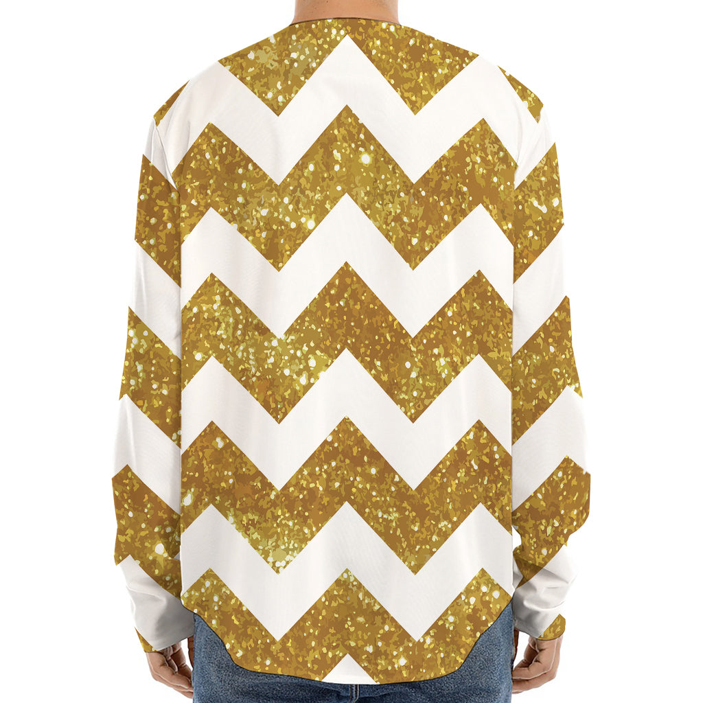 Gold And White Chevron Pattern Print Long Sleeve Baseball Jersey