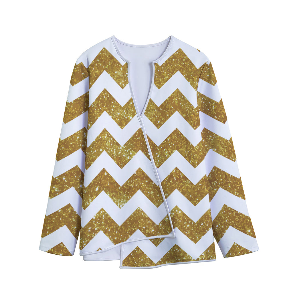 Gold And White Chevron Pattern Print Long Sleeve Short Coat