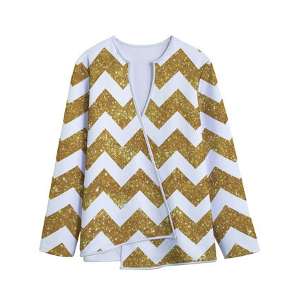 Gold And White Chevron Pattern Print Long Sleeve Short Coat