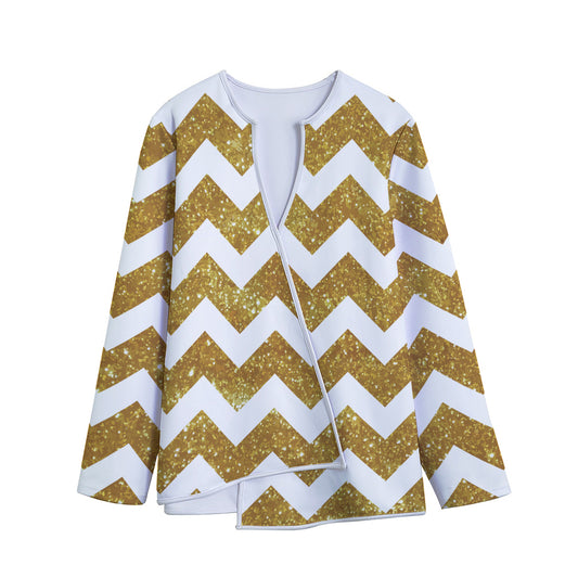 Gold And White Chevron Pattern Print Long Sleeve Short Coat