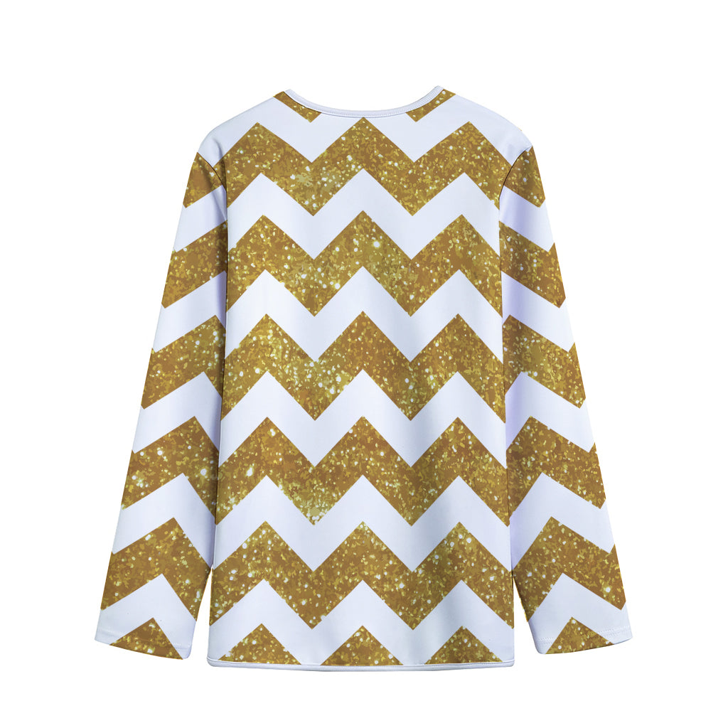 Gold And White Chevron Pattern Print Long Sleeve Short Coat