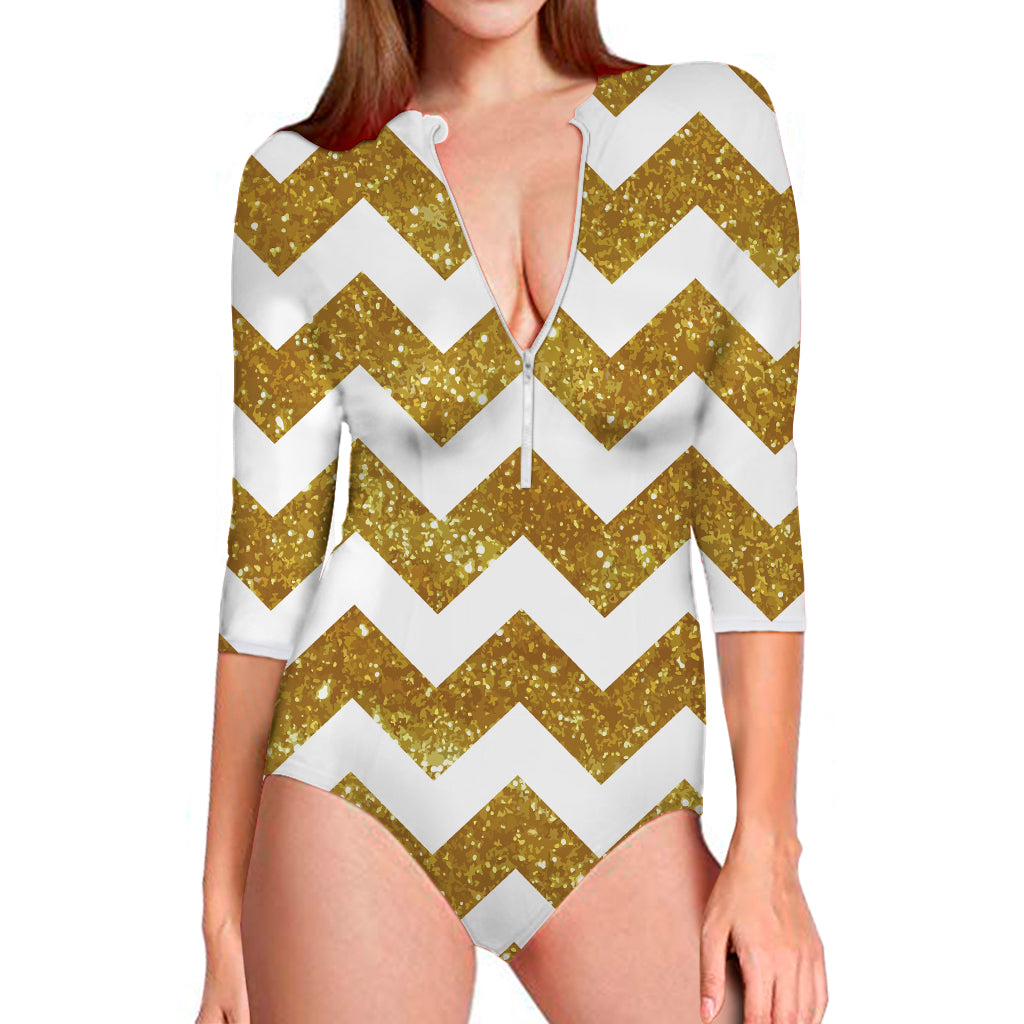 Gold And White Chevron Pattern Print Long Sleeve Swimsuit