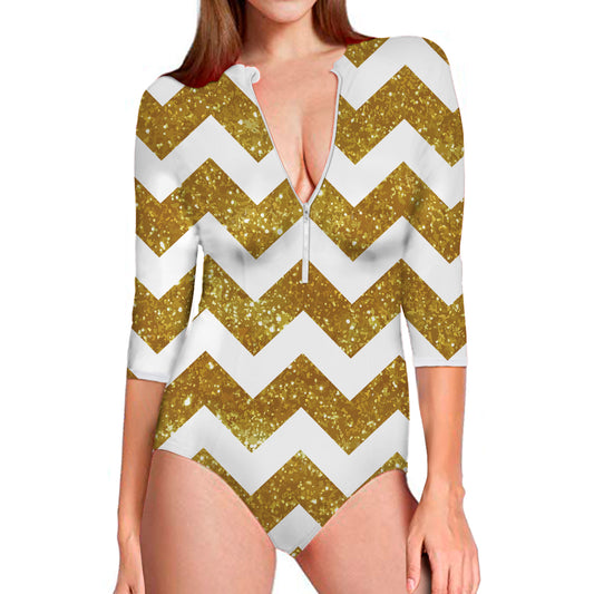 Gold And White Chevron Pattern Print Long Sleeve Swimsuit