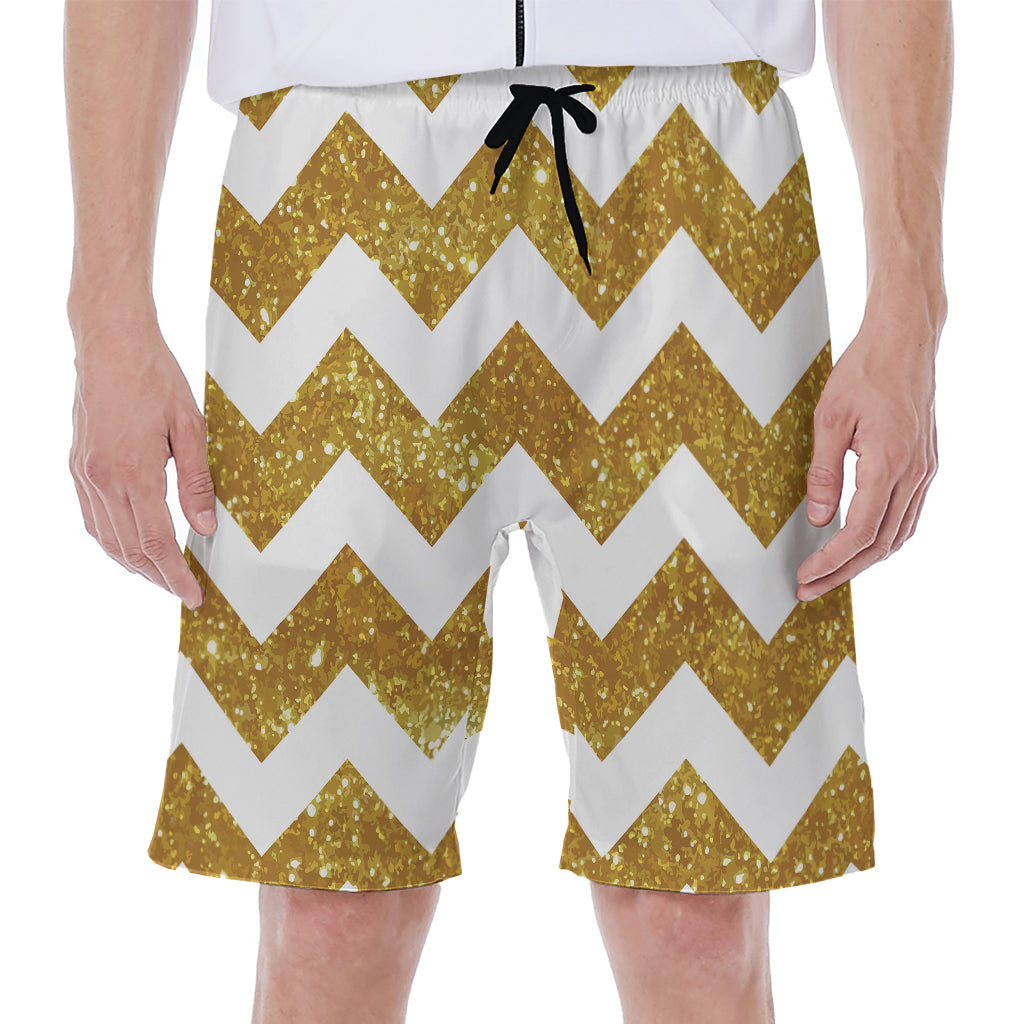 Gold And White Chevron Pattern Print Men's Beach Shorts