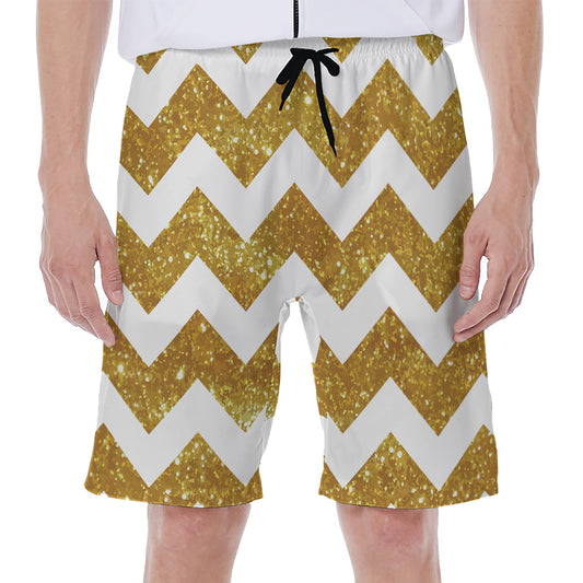 Gold And White Chevron Pattern Print Men's Beach Shorts