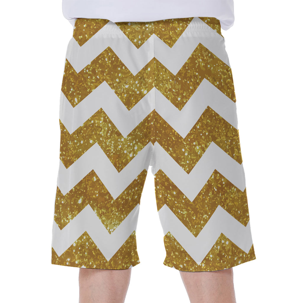 Gold And White Chevron Pattern Print Men's Beach Shorts