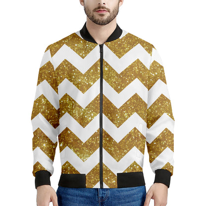 Gold And White Chevron Pattern Print Men's Bomber Jacket