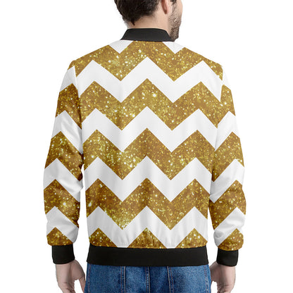 Gold And White Chevron Pattern Print Men's Bomber Jacket