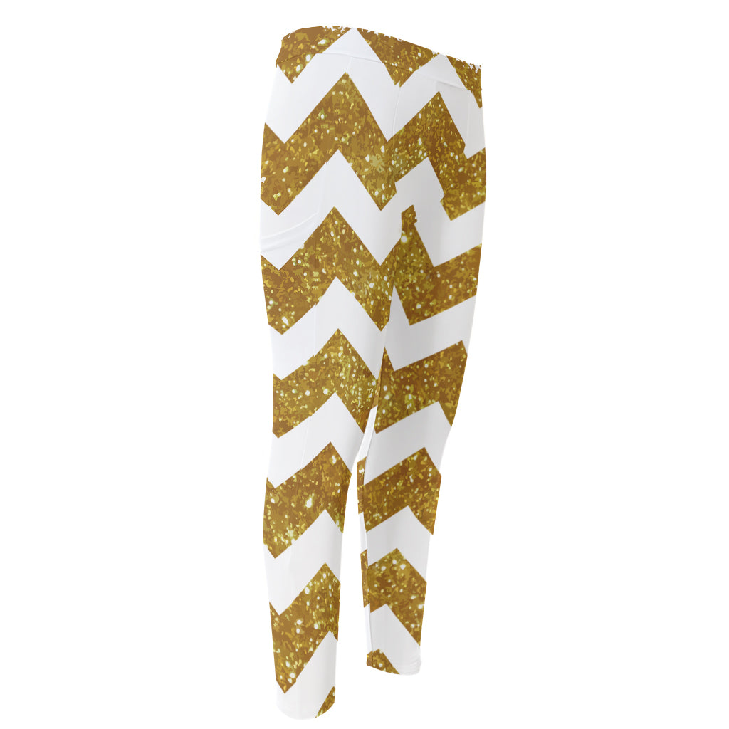 Gold And White Chevron Pattern Print Men's Compression Pants