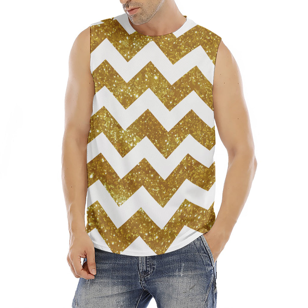 Gold And White Chevron Pattern Print Men's Fitness Tank Top