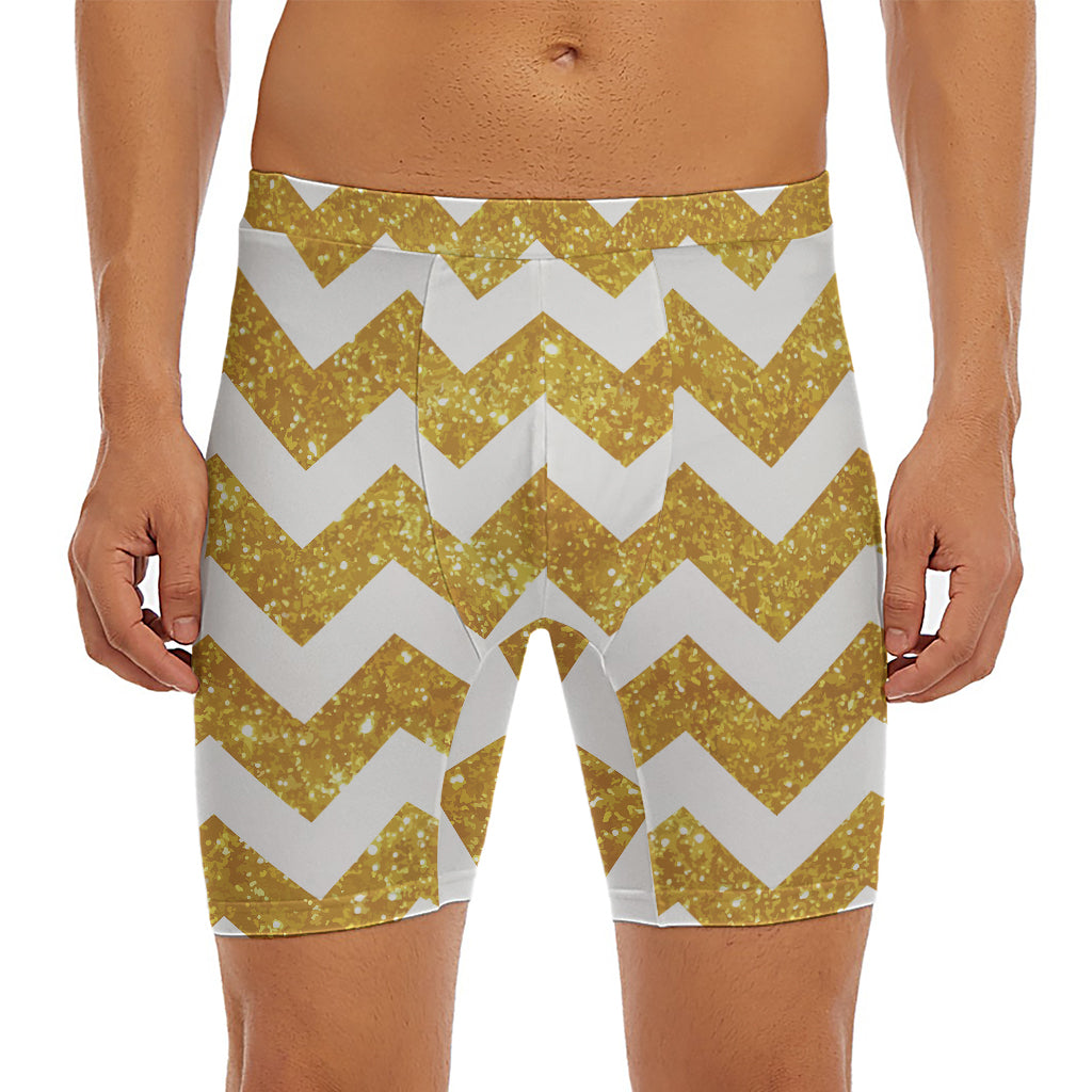 Gold And White Chevron Pattern Print Men's Long Boxer Briefs