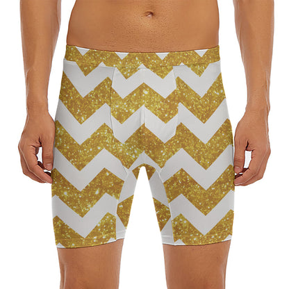 Gold And White Chevron Pattern Print Men's Long Boxer Briefs