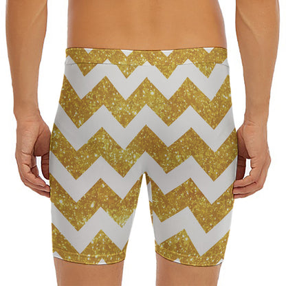 Gold And White Chevron Pattern Print Men's Long Boxer Briefs