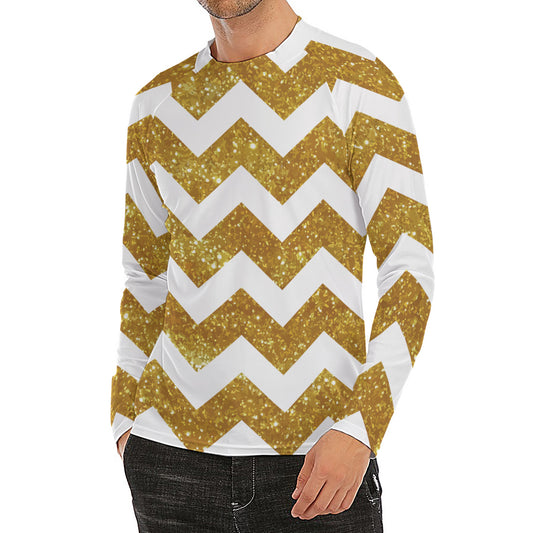 Gold And White Chevron Pattern Print Men's Long Sleeve Rash Guard