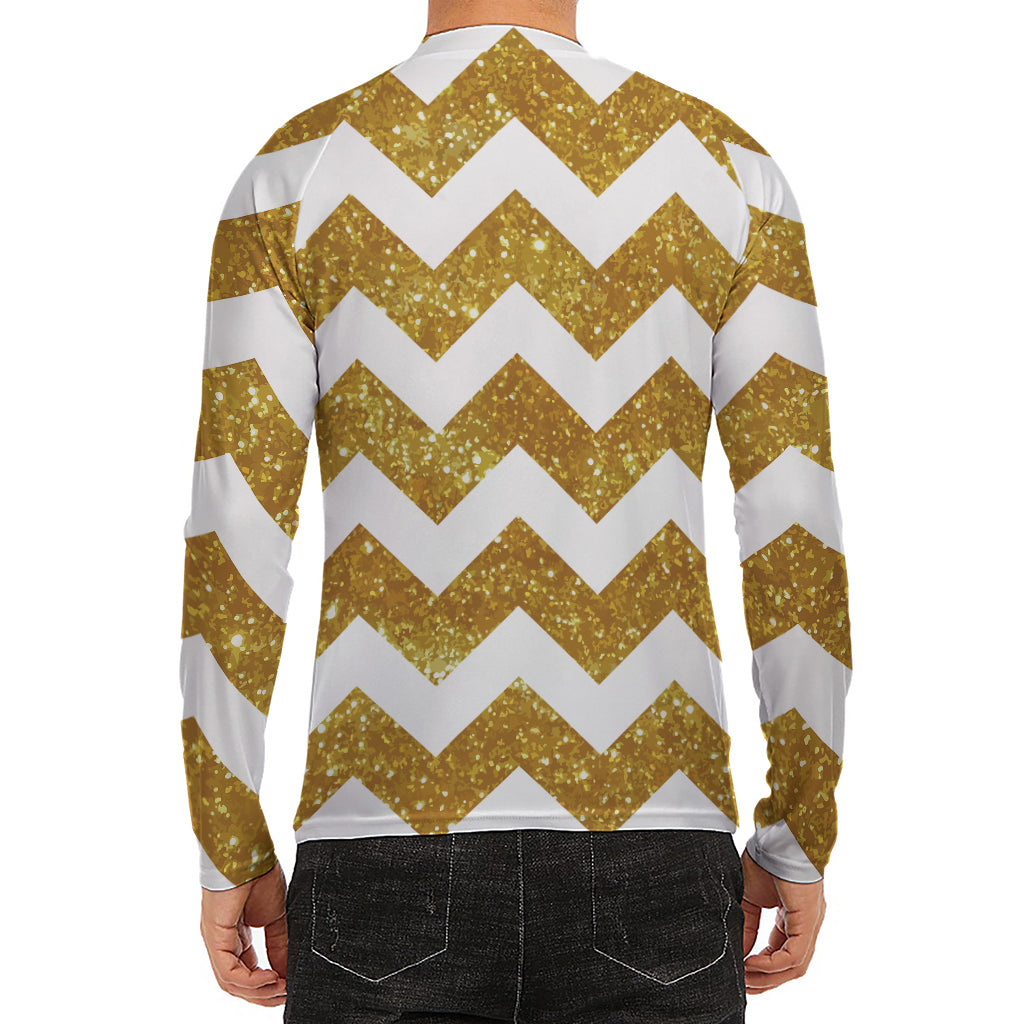 Gold And White Chevron Pattern Print Men's Long Sleeve Rash Guard