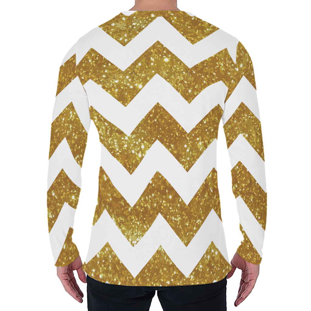 Gold And White Chevron Pattern Print Men's Long Sleeve T-Shirt