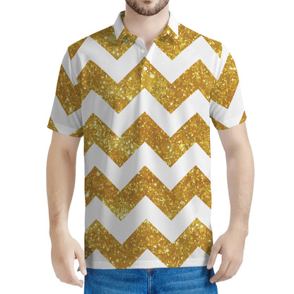 Gold And White Chevron Pattern Print Men's Polo Shirt