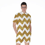 Gold And White Chevron Pattern Print Men's Rompers