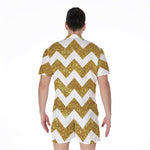 Gold And White Chevron Pattern Print Men's Rompers