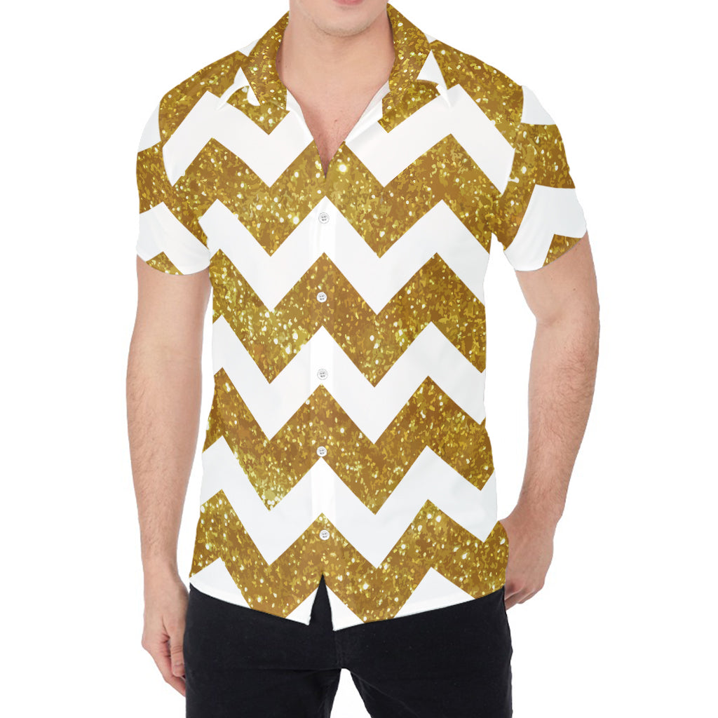 Gold And White Chevron Pattern Print Men's Shirt