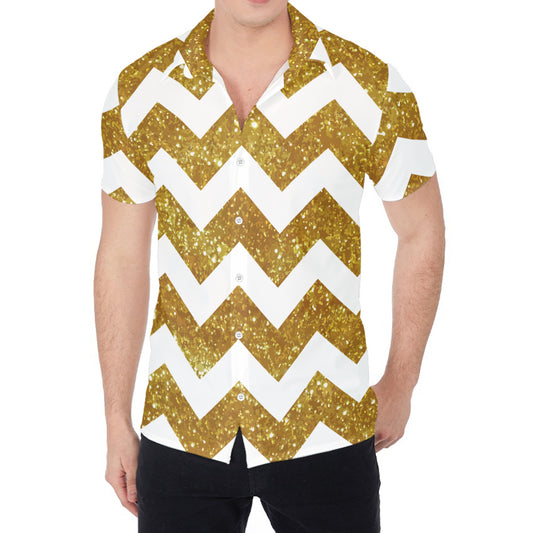 Gold And White Chevron Pattern Print Men's Shirt
