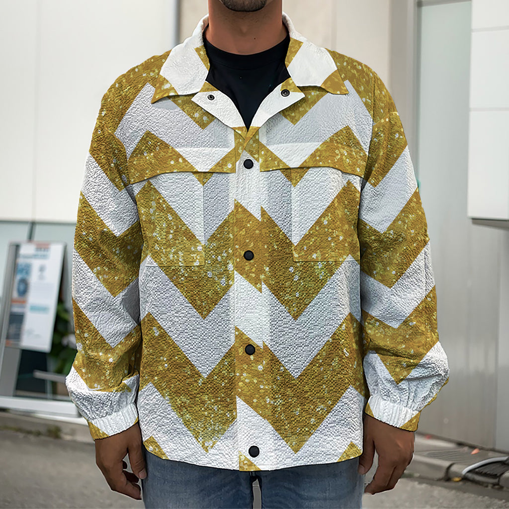 Gold And White Chevron Pattern Print Men's Shirt Jacket