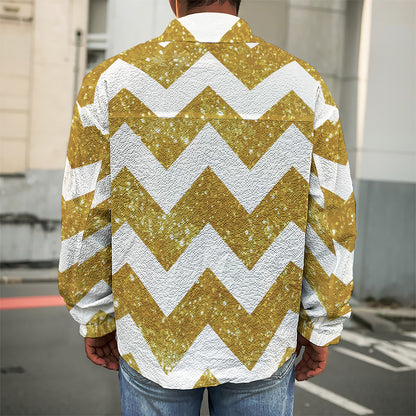Gold And White Chevron Pattern Print Men's Shirt Jacket