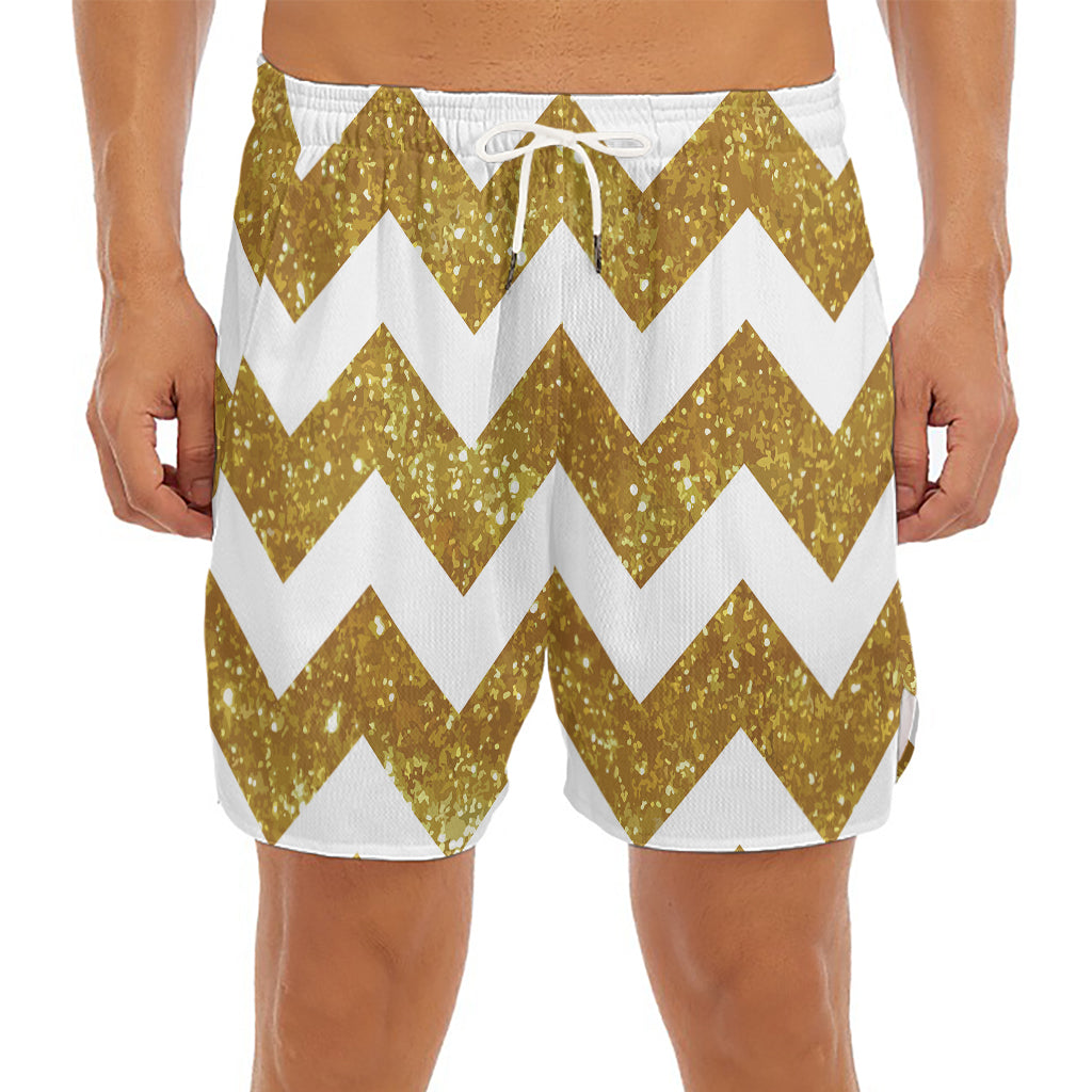 Gold And White Chevron Pattern Print Men's Split Running Shorts