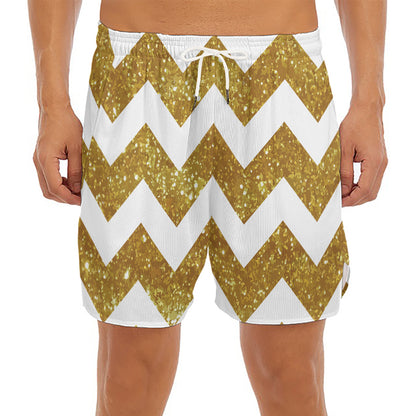 Gold And White Chevron Pattern Print Men's Split Running Shorts