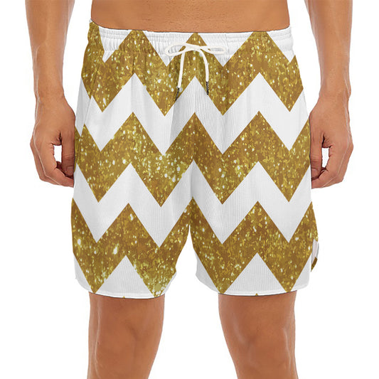 Gold And White Chevron Pattern Print Men's Split Running Shorts