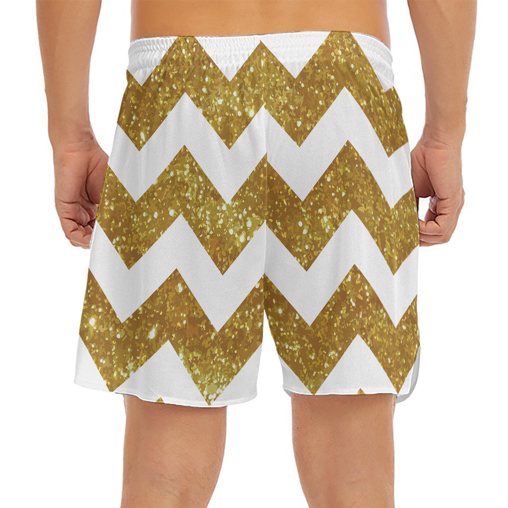 Gold And White Chevron Pattern Print Men's Split Running Shorts