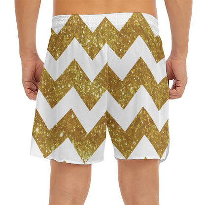 Gold And White Chevron Pattern Print Men's Split Running Shorts