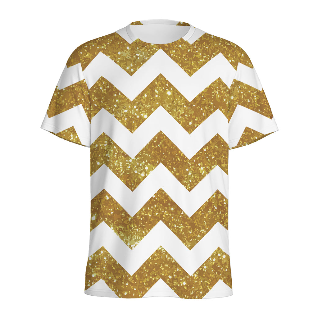 Gold And White Chevron Pattern Print Men's Sports T-Shirt
